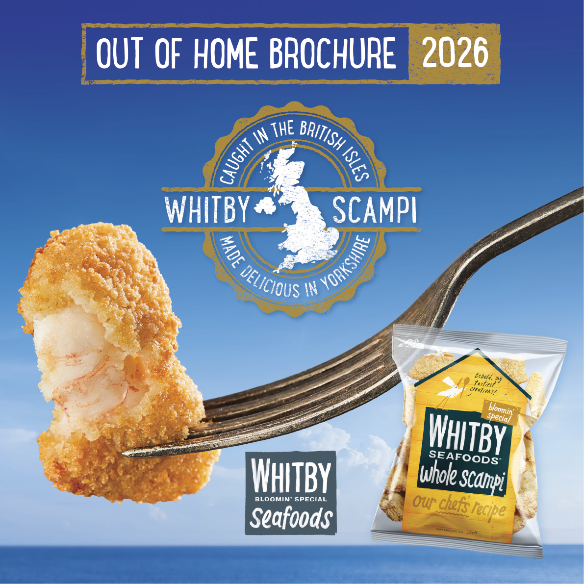 A fork is shown with a piece of food on it, and a bag of food is nearby. The food is described as Whibby Scallops. AI generated content