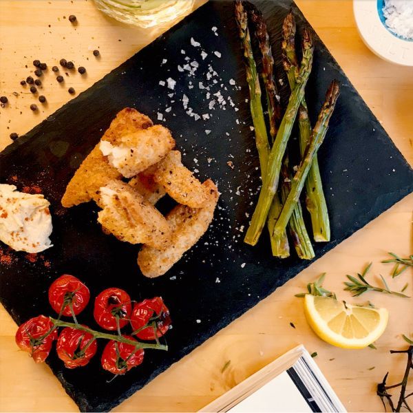 Lemon & Pepper Goujons, Roasted Tomatoes & Soy-glazed Asparagus